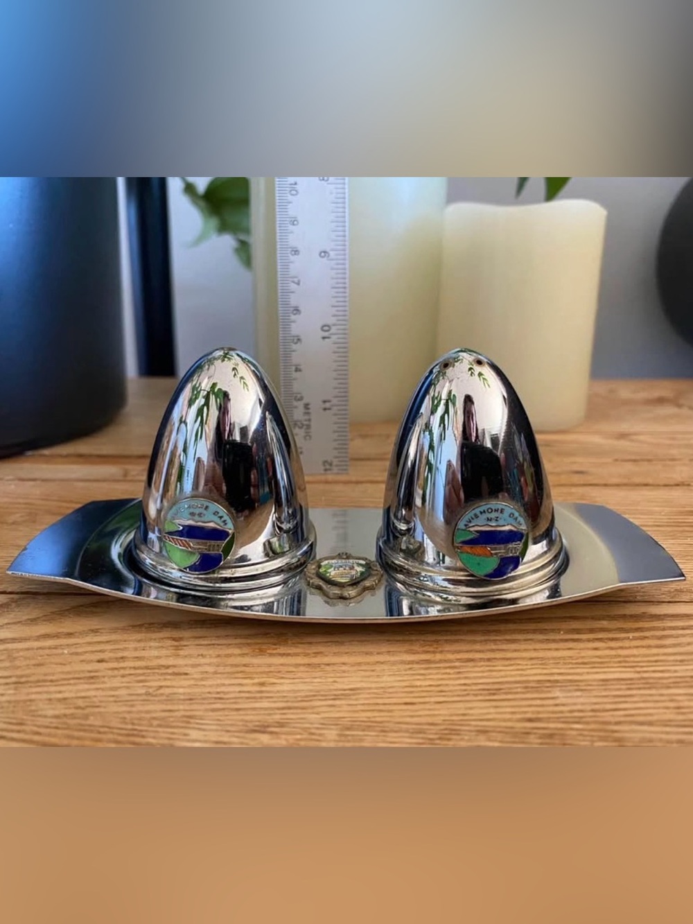 Aviemore Dam NZ Enamel Chrome Vintage Salt & Pepper 3 piece Set⁠